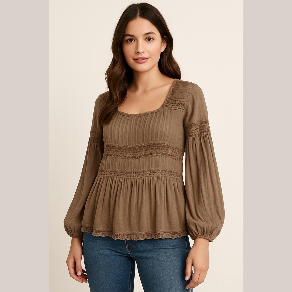 Lisa Robertson Brown Lace Top Blouse Size Small Poet Bell Sleeves Round Neck NEW